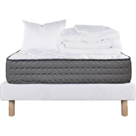 ZENITH - Pack Matelas + Sommier Tapissier Blanc 90x190 cm + 1 Oreiller + 1 Couette (1/5)