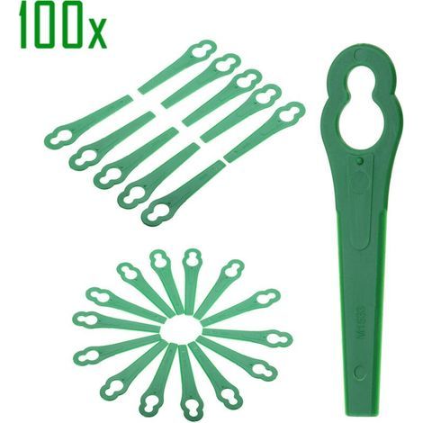 100 cuchillas de plástico para cortacésped, accesorios para cortacésped de jardín, cuchillas de plástico de repuesto para desbrozadoras, color verde. (1/5)