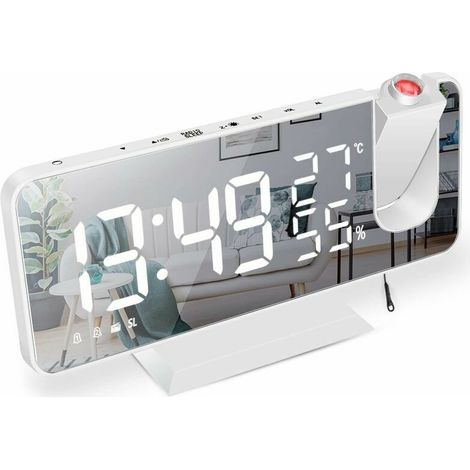Reveil Projecteur,Radio Réveil avec Température,Humidité,Ecran LED Miroir de 7,5 Pouces,Snooze Double Alarme,4 Luminosité de L'écran avec Fonction de Gradation Automatique,Port de USB (Blanc) (1/5)