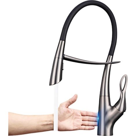 Robinet de cuisine Robinet de cuisine de luxe gris pistolet en laiton, conception extractible à aspiration magnétique, robinet d'évier à 2 fonctions à double commande froide et chaude à poignée(Brushe (1/5)