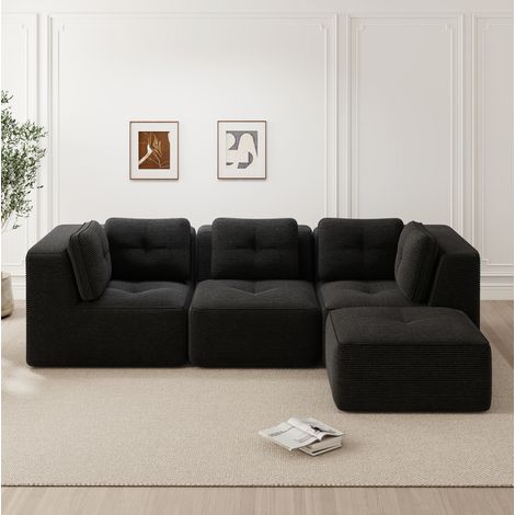 Canapé d'angle avec ottomane, modulable en velours côtelé, 297 x 177 x 69 cm, noir HAVRYA (1/5)