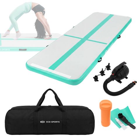 ECD Germany Tapis Airtrack 3m, Vert Menthe, 10 cm d'Épaisseur, Piste de Gymnastique Gonflable pour Tumbling, Yoga, Pilates et Fitness, avec Pompe Électrique et Sac de Transport, Équipement de Sport (1/5)