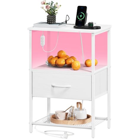 Somdot Table de Chevet LED avec Station de Charge – Dimensions 30 x 40 x 59,5 cm – 1 tiroir en Tissu – Blanc