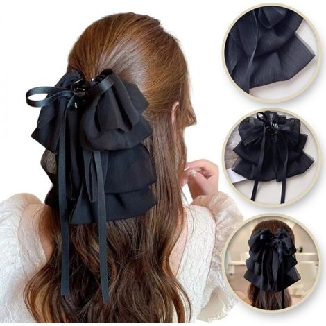 Fermaglio per capelli grande con fiocco in tulle a strati, nero, taglia XL, alla moda (1/5)