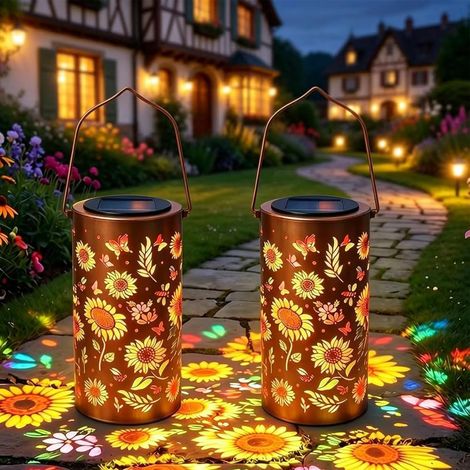 2 Pièces Lanterne Solaire d'extérieur,IP65 Étanche Lanterne Solaire pour Jardin,Lampe Décorative Jardin Suspendue Tournesol,Lampe Solaire Rétro LED en Métal Pour Balcon,Patio,Bureau,Pelouse,Camping