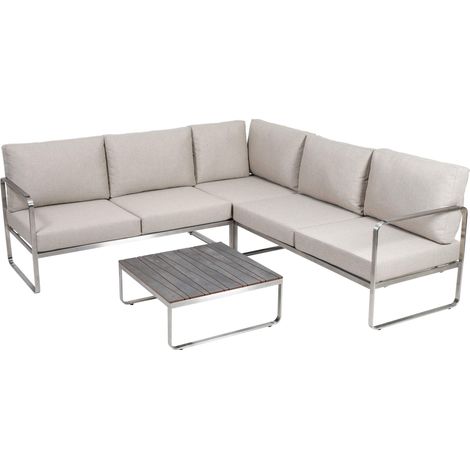 Meubles de Jardin pour 5 Personnes, Ensemble de 2 Bancs, 1 Fauteuil d'angle et 1 Table en INOX avec Coussins, Argent/Anthracite/Beige (1/5)
