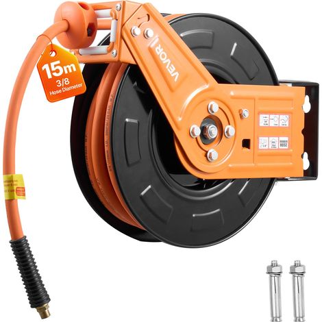 Enrouleur Tuyau Air Comprimé 15 m x 9,5 mm Dévidoir Tuyaux Compresseur Air Pression Max 20,7 bar Enrouleur Automatique Tuyaux Caoutchouc, Fixation Plafond Mur, Tuyau d'Arrivée 1 m, Bras Simple (1/5)