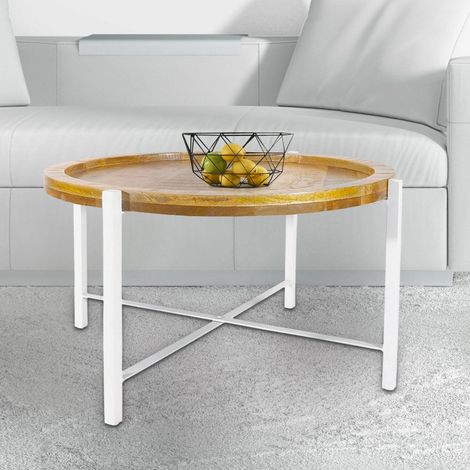 Table basse ronde de salon en bois de manguier recyclé et métal style industriel Ø 75 cm - PANGIVO
