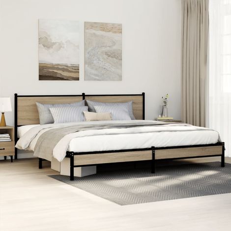 Cadre de lit en métal avec tête de lit 200 x 200 cm chêne sonoma sans matelas - PANGIVO (1/5)