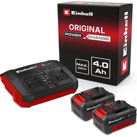 Original Einhell Starter Kit 2X 4,0 Ah Akkus und Twincharger Power X-Change (Li-Ion, 18 V, 75 min Ladezeit, passend für alle Power X-Change Geräte)