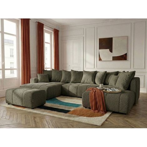 BOBOCHIC - Canapé panoramique convertible ROXELANE tissu bouclette avec pouf Angle gauche Vert (1/4)