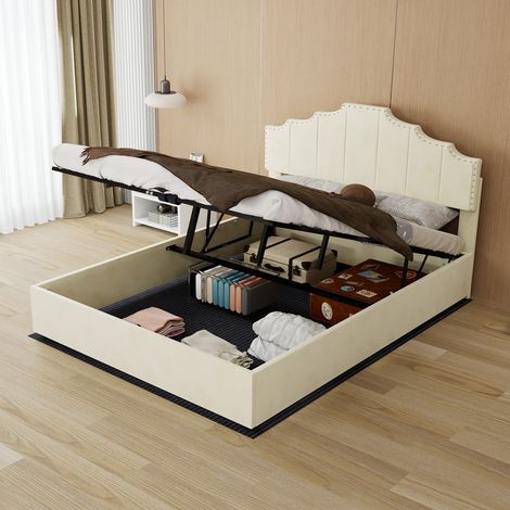 Lit Coffre 140x200 cm avec Tête de Lit Design Géométrique Tissu Beige et Sommier à Lattes - PANGIVO (1/5)