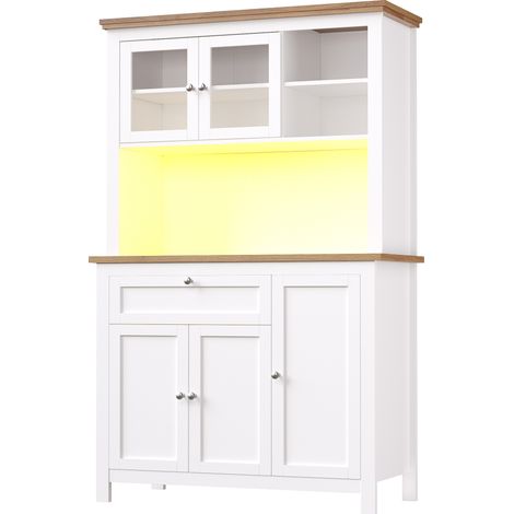 Buffet haut avec portes vitrées, étagères réglables et éclairage LED multicolore, MDF blanc 104x40x180 cm (1/5)