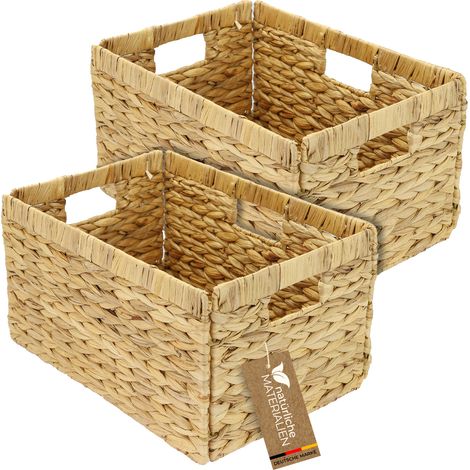 HMF Aufbewahrungskorb passend für Billy Regal, Korb geflochten aus Wasserhyazinthe mit drei Griffen, 2er Set, 35 x 25 x 20 cm, Natur