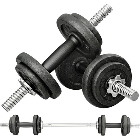 Haltères réglables 2-en-1 20kg kit musculation avec barre d'extension poignée antidérapante noir