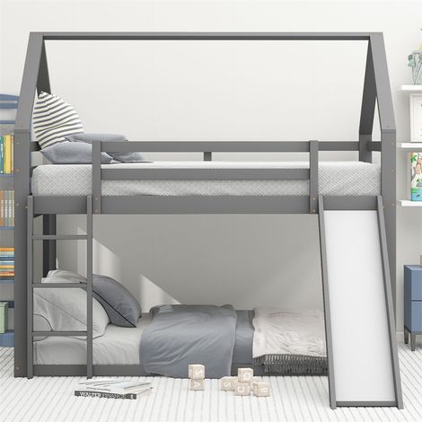Fortuna Lai – Lit superposé cabane enfant 140x200cm – Toboggan et échelle – Protection contre les chutes – Pin massif et MDF – Gris (1/5)