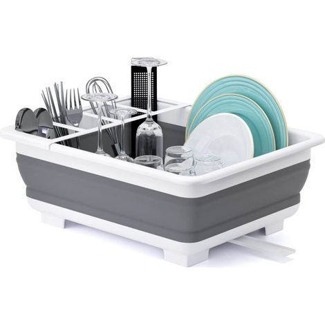 Collapsible dish drainer with utensil holder - perfect for homeowners or camping, tear-resistant, space-saving design, non-slip feet, Grey 36.5×31×12CM (1/5)