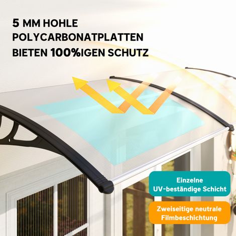 Pultvordach porte d'entrée 75x195x23 cm, auvent transparent alu 5mm polycarbonate, protection soleil pluie extérieur (1/5)