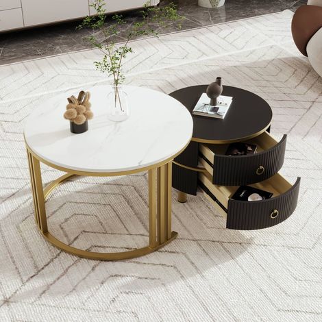 Table basse ronde 2-en-1 en mdf, plateau brillant et marbre blanc, ensemble avec 2 tiroirs, 70 x 70 x 46 + 50 x 5 (1/5)