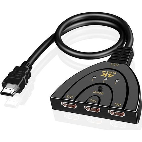 4K 60Hz HDMI-Switch mit 3 Eingängen und 1 Ausgang, HDMI-Video-Splitter-Adapter, HD-Anschlusskabel, kompatibel mit Fernseher, PC und Konsole, 1 Stück, Schwarz