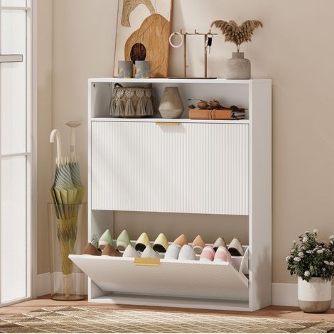 Zapatero estrecho de 2 compartimentos abatibles, para 12 a 16 pares, blanco DESVIAE (1/5)