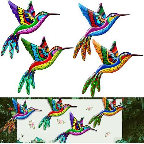4 pièces Decoration Murale Metal, Déco murale Colibri, Décoration Murale en Fer Forgé Colibri, Ornements Suspendus Métal Oiseaux, Mur Art Décor Intérieur Extérieur, Coloré Colibri Sculpture (1/5)