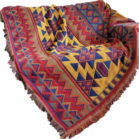 Couverture - 130 cm x 180 cm - En Coton Tricoté Trois Couches - Pour Canapé Chaise Lit Voyage Décoration Intérieure - Avec Pompons - 1 Pièce (1/5)