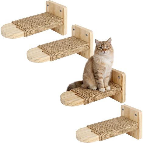 Escalier pour Chat 4 Pièces, Mur d’Escalade pour Chats avec Corde en Jute, Bois Massif, Réglable, Gain de Place, Stable pour Grimper et Jouer (1/5)