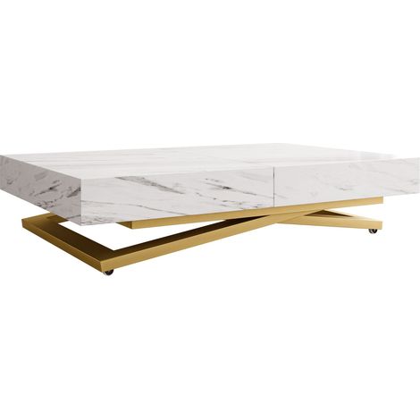 Mesa de centro convertible Oswego 173, Mármol blanco, 27x80x120cm, Diámetro: 0, Aglomerado laminado, Angular