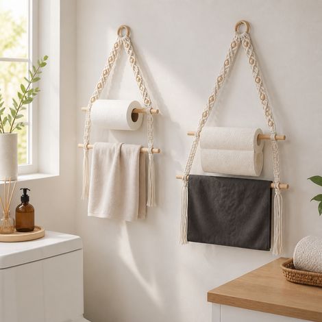 Support à serviettes en macramé - Lot de 2 : porte-serviettes tissé pour mur de salle de bain, rangement de serviettes en papier style bohème pour cuisine, décor mural à poser, fabriqué à la main. (1/4)