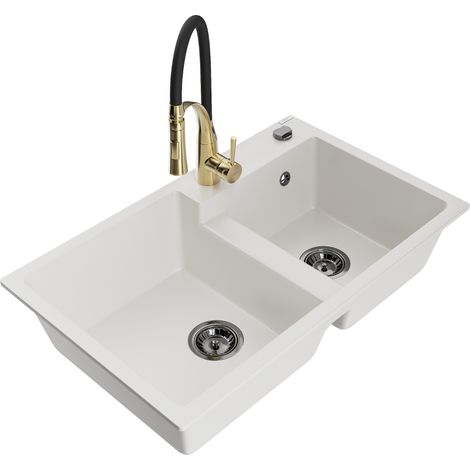 Mexen Tomas évier granit 2 bacs avec robinet de cuisine Aster, blanc - 6516-20-73450-57-B (1/5)