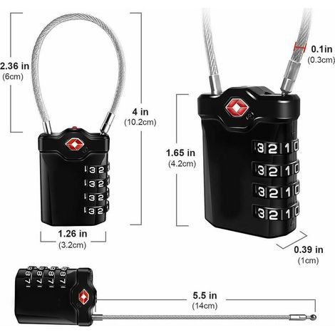 Kaelt - Code 4 Chiffres Cadenas Bagage pour Valise Voyage Cadenas Casier Collège avec Fonction d'alerte Bagages Ouverts et Cable en Acier (Noir)-1 article (1/3)