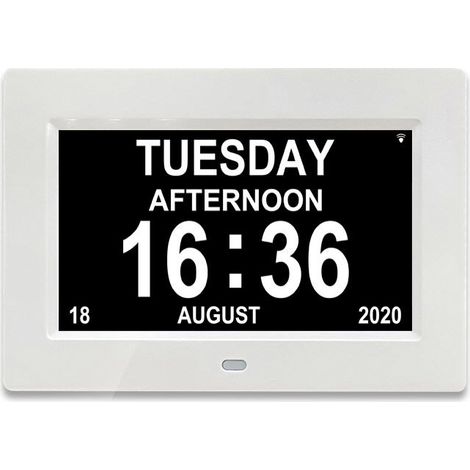 Horloge calendrier numérique LCD 7 pouces avec date, jour et heure Horloge pour personnes atteintes d'Alzheimer Horloge pour seniors, idéale pour les parents (blanche) (1/4)