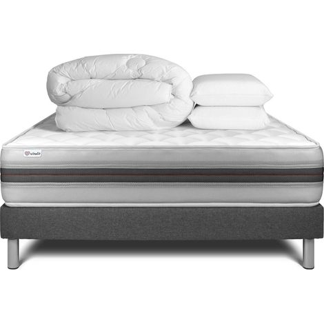 Komplettpaket Bett - Matratze 160x200 cm + Boxspringbett mit Lattenrost (im Set) + 2 Kopfkissen + Bettdecke - Vitalmemo Back