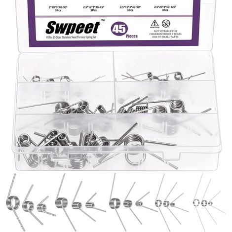 Pack of 45 stainless steel torsion springs in 15 sizes (45/90/120 degrees) - Small mechanical torsion springs for home repairs, woodworking, and DIY projects