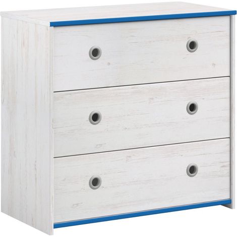 Commode 3 tiroirs aspect bois blanchi avec chants bleus en façade - MISYLIA (1/5)