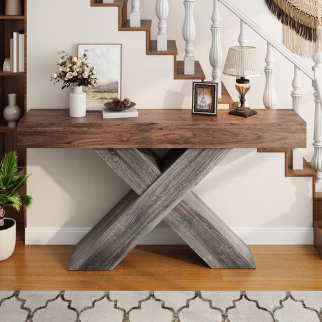 Console étroite effet bois avec pieds en X, table d’entrée en panneaux de particules, pour couloir et salon