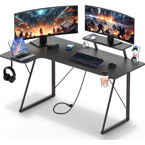 Bureau Gaming Ergonomique 150 cm, Table d'ordinateur en Forme de L, Grand Bureau de Jeu avec Panier à Boissons et Crochet pour Casque, Adapté au Bureau et à la Maison 150 x 90 x 75 cm (1/5)