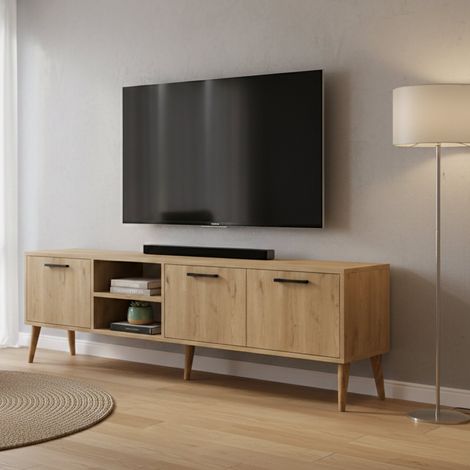 Mobile Porta tv Brugine, un Ripiano, Apertura a Ribalta, 3 Ante, 180x35x53h cm Marrone Quercia (1/5)