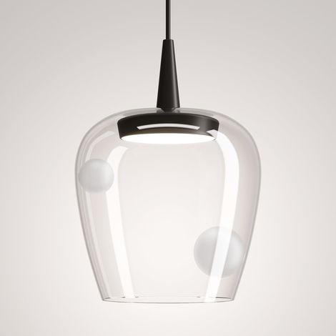 Zafferano Lampada a sospensione Bilia 230V in vetro borosilicato soffiato e alluminio sabbiato, LED 8W 2700K CRI90, diametro 18 cm, altezza 324 cm