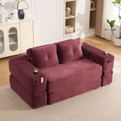Sofá cama de 2 plazas de pana, 180 x 98 cm, portavasos, rojo burdeos OKMYHOME (1/5)