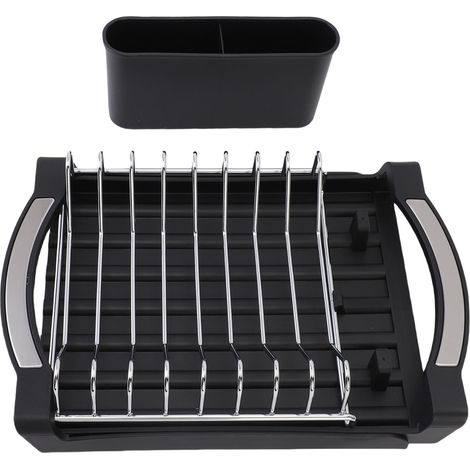 Égouttoir extensible en acier inoxydable avec plateau égouttoir et porte-couverts amovible pour plan de travail, noir (1/5)