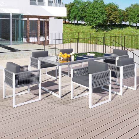 Salon de jardin repas 6 places 170x80cm avec coussins lavables Fer et Corde Polyester Moderne Gris et Blanc (1/5)