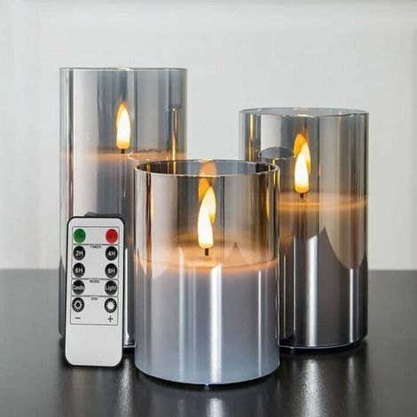 Bougies LED réalistes en verre gris argenté avec télécommande – Pack de 3 – Hauteur 4/5/6 pouces – Effet scintillant sans flamme (1/4)