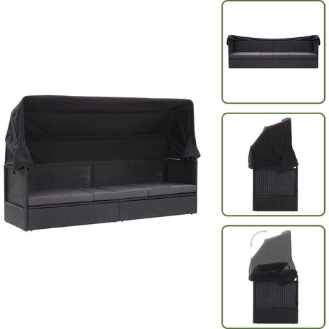 Outdoor-Sofabett mit Dach Poly-Rattan Schwarz - Outdoor Möbel - Gartenbank - Loungebank - Sonnenliege - Rattan Liege (1/5)