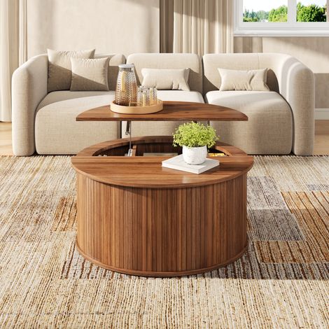 Table basse ronde 88x88x53,5 cm avec rangement, plateau relevable, table de salon multifonction en MDF effet noyer - Noyer (1/5)