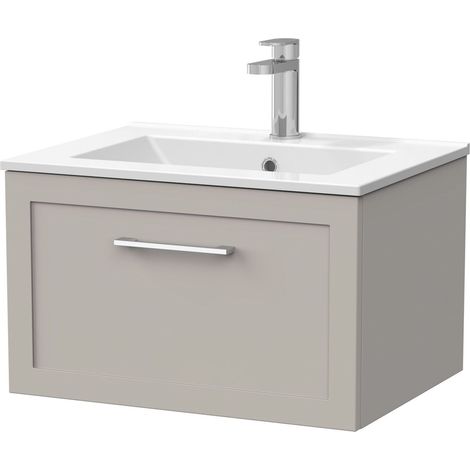 Stonnall Traditional Wall Hung 1 Drawer Vanity Unit with Minimalist Ceramic Basin, 600mm, Pebble Grey