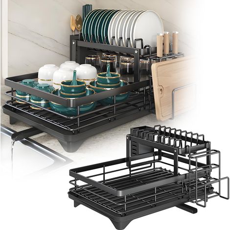 Grande Capacité Égouttoir à Vaisselle Noir, Egouttoir Vaisselle 2 Niveaux avec Plateau d'égouttage, Drainage Automatique Rangement Vaisselle Cuisine pour Comptoir de Cuisine (1/5)