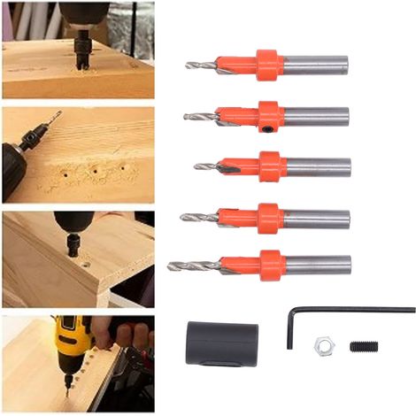Set mit 9 Stufen-Senkbohrern für die Holzbearbeitung, inklusive konischer Senkbohrer, Salatbohrer, konischer Lochbohrer, selbstschneidender Schrauben und Stufen-Senkbohrer mit rundem Schaft. (1/5)