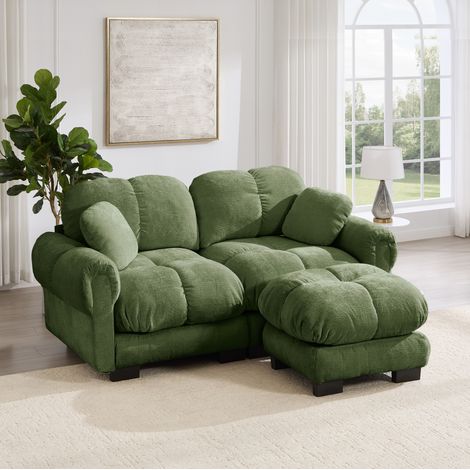 Divano angolare modulare 190x149x90 cm in ciniglia verde con pouf mobile - MEUBLIV (1/5)